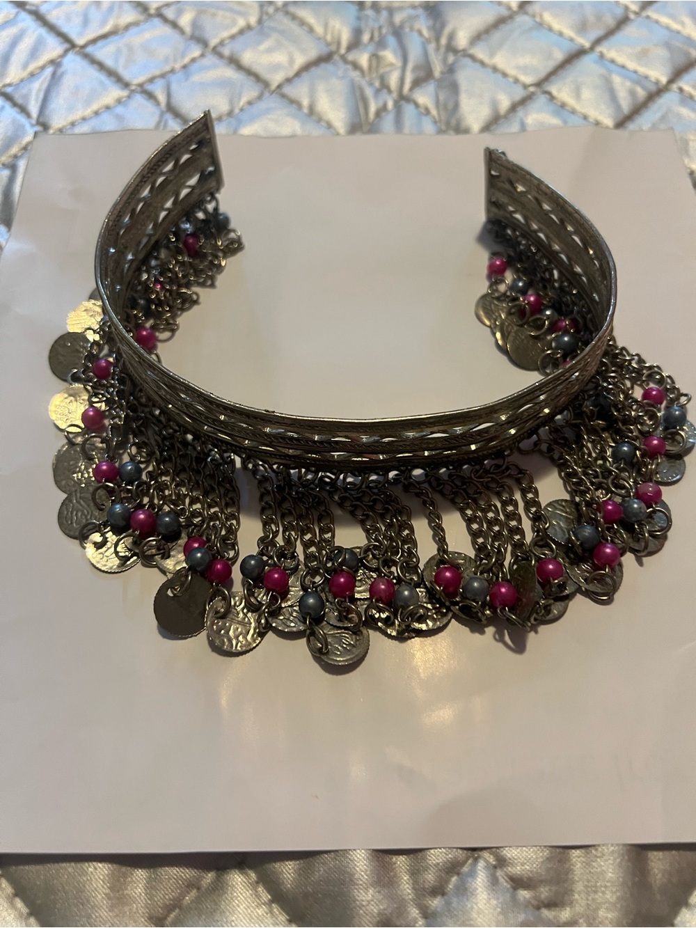 Boho Ethnic Tribal Choker, Silver w Pink Lavender Beads, Fringe 12” adjustable